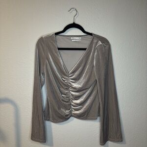Urban Outfitters Taupe Velvet Ruched V-Neck Long Sleeve Top